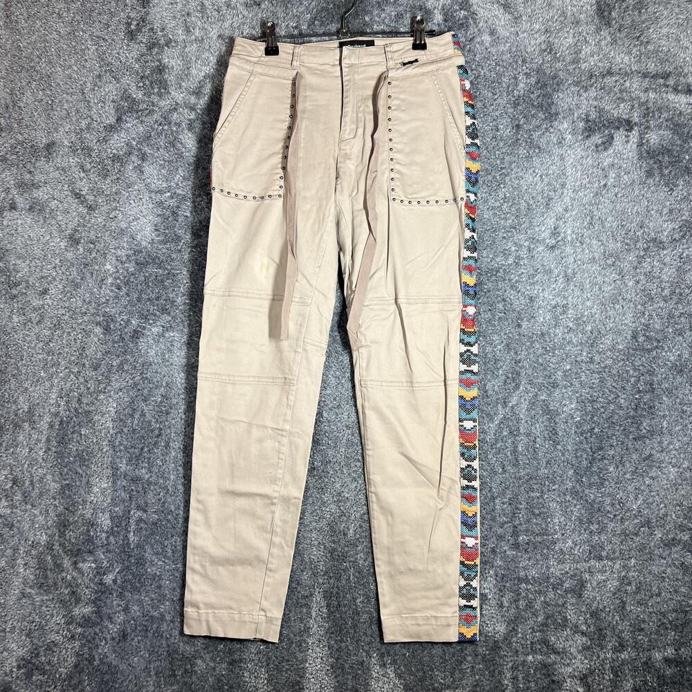 Desigual Pants Womens 36 Beige Chino Slim Embroidered Studded Pockets 28 Inseam